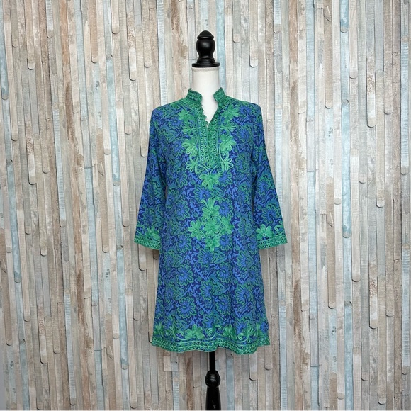 Gretchen Scott XS Embroidered Tunic Dress Mini Shift Blue Green Paisley Printed - Picture 2 of 8